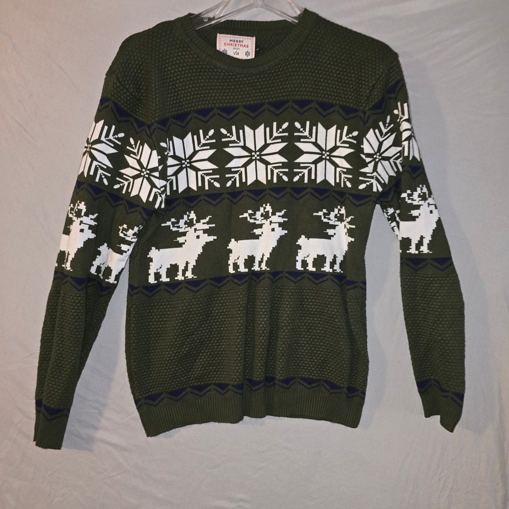 v28 Christmas Sweater Large Mens Olive Green Reindeer Snowflake Fair Isle Knit